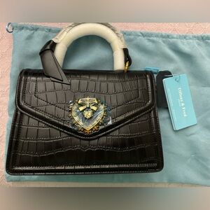 NWT Tiffany & Fred Embossed Black Leather Bag w/crystal Heart